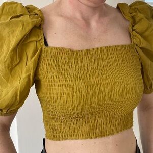 Zara‎ Women’s Small Puff Silk Sleeve Elastic Shirt Blouse Greenish Yellow Crop